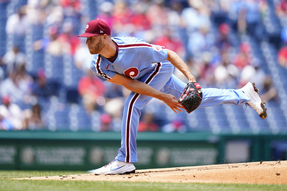 Philadelphia Phillies' Zack Wheeler follows through on a pitch during the first inning of a baseball game against the Atlanta Braves, Thursday, June 10, 2021, in Philadelphia. (AP Photo/Matt Slocum)