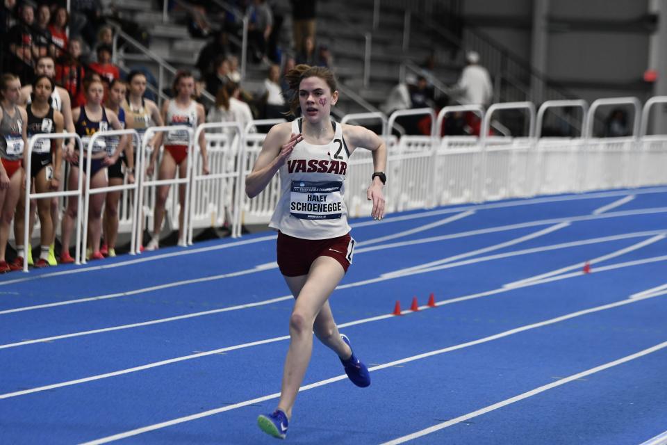 Vassar College freshman Haley Schoenegge competes in the 1-mile run at the NCAA Div. 3 Indoor track and field Championships. Schoenegge placed ninth. HAILEY KARRICK/For Vassar Athletics