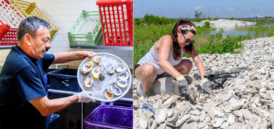 LEFT:&nbsp;Jose Orlando dumps the shells of eaten oysters into the collection bin in the kitchen at Superior Seafood in New Orleans, Louisiana., on May 16, 2019. RIGHT:&nbsp;Sydney Comeaux of Superior Seafood collects oyster shells into a bag at the Coalition to Restore Coastal Louisiana oyster shell collection center in Buras, Louisiana., on May 21, 2019. (Photo: Emily Kask for HuffPost)