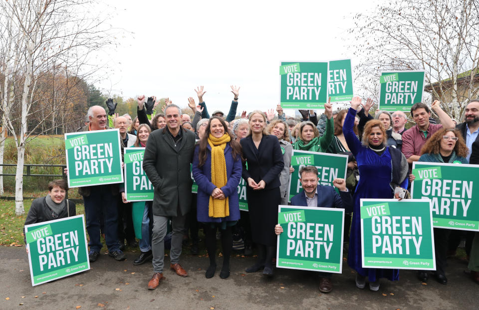 (left to right) Green Party Co-Leader Jonathan Bartley, Deputy leader Amelia Womack and Co-Leader Sian Berry at the Observatory, London Wetlands Centre, for the launch of the Green Party manifesto for the 2019 General Election.