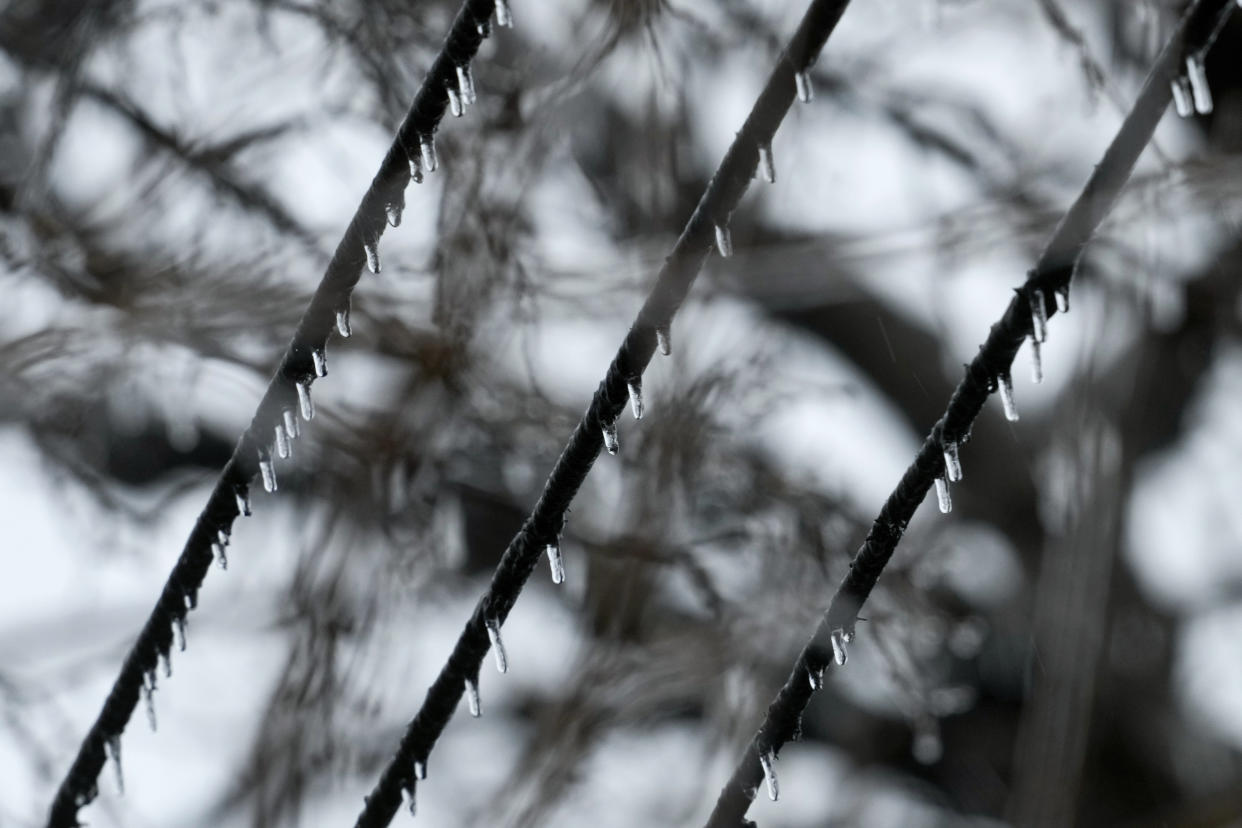 Ice forms on utility lines as temperatures hover around freezing in Detroit, Monday, Feb. 27, 2023. Some Michigan residents faced a fourth straight day without power as crews worked to restore electricity to more than 165,000 homes and businesses in the Detroit area after last week's ice storm. (AP Photo/Paul Sancya)