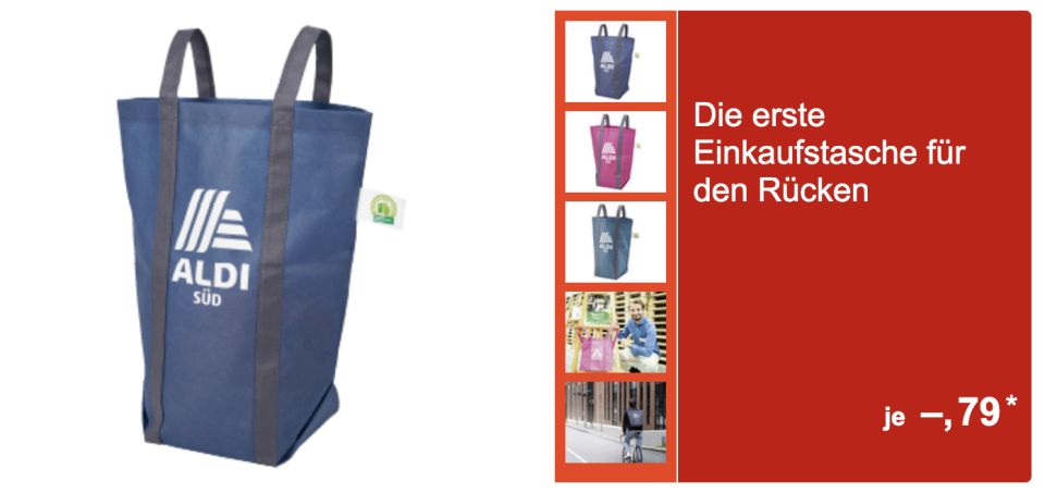 So bewirbt Aldi Süd die neue Einkaufstasche auf Flyern. (Quelle: Aldi Süd)