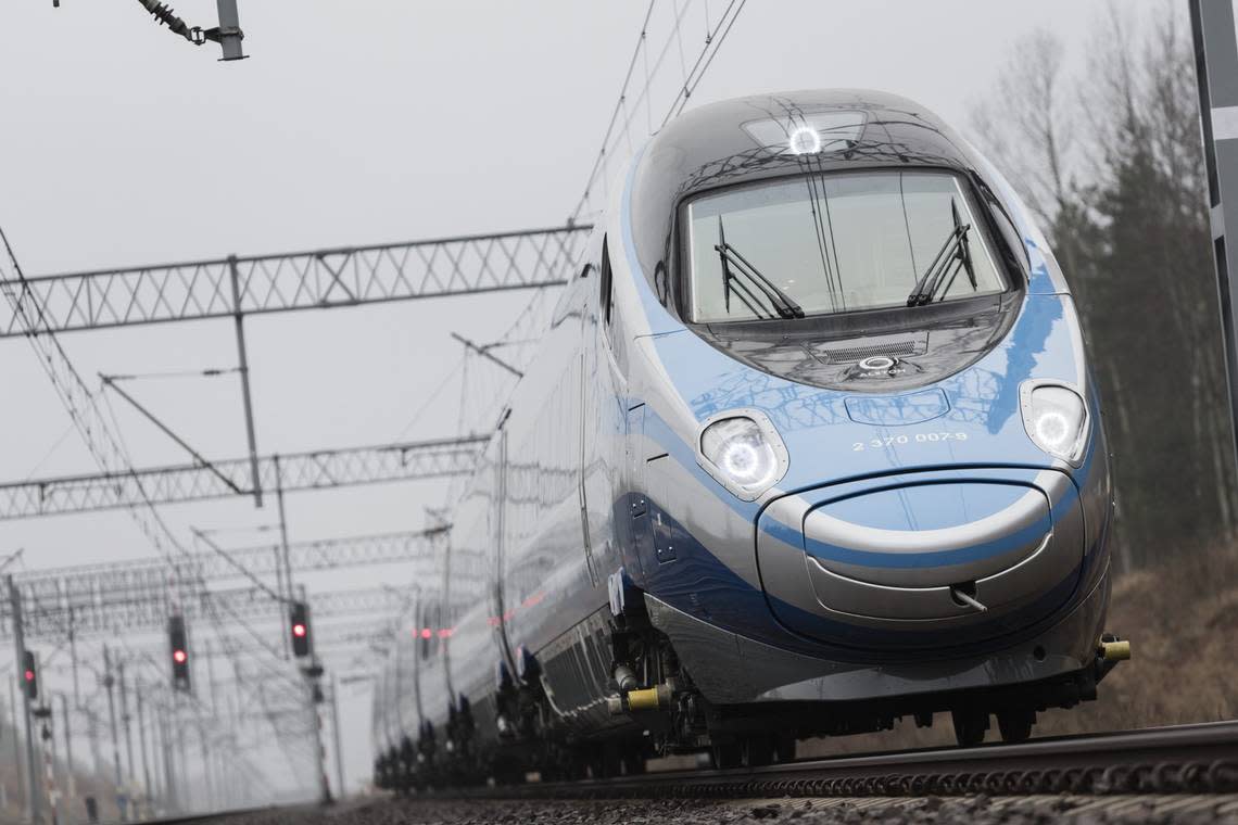 A high-speed Avelia Pendolino trainset built by French multinational company Alstom SA rolls on tracks in Poland. Alstom is one of two companies that have been qualified to bid on building new high-speed trains for the California High-Speed Rail Authority.