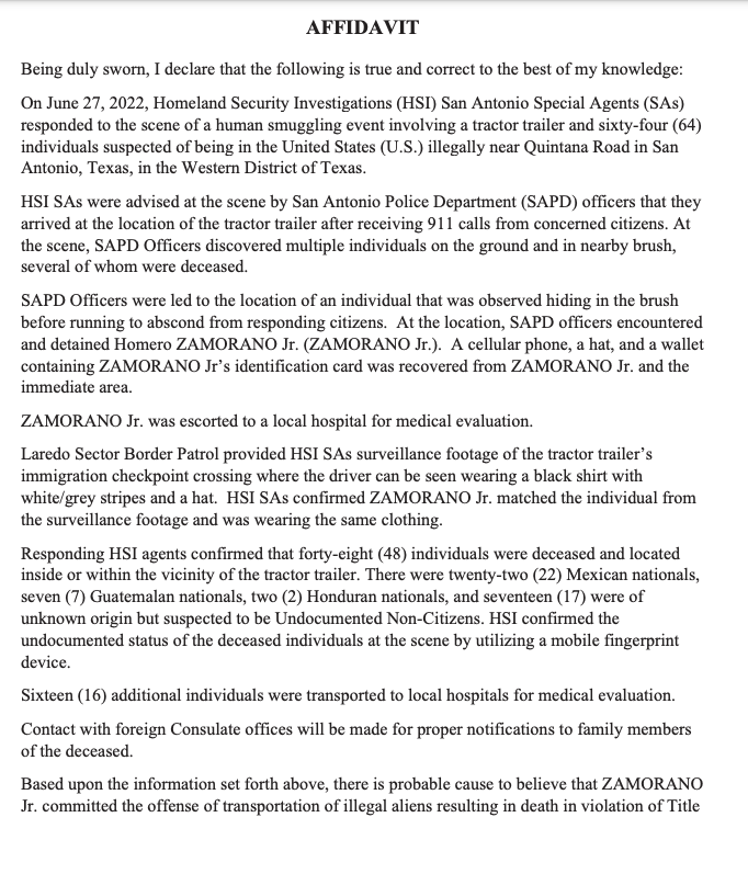 An affidavit from a Homeland Security Investigations division agent detailing the arrest of Homero Zamorano, the alleged driver of a semi-truck in which 53 smuggled migrants died of heat-related injuries. (US Attorney’s Office for the Western District of Texas)