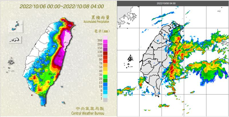 左圖：6日至8日4時累積雨量圖（左圖）顯示，最大值已超過1千毫米（宜蘭南澳鄉1070毫米）。右圖：8日4時雷達回波合成圖顯示，迎風面仍有強回波消消長長。