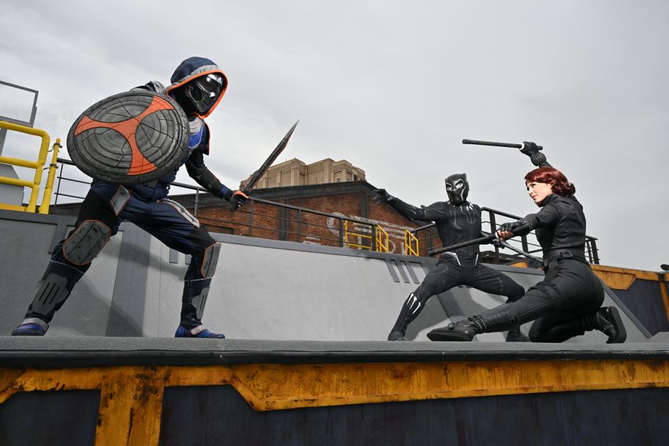 Taskmaster versus Black Panther and Black Widow at Avengers Campus in Disneyland Paris.