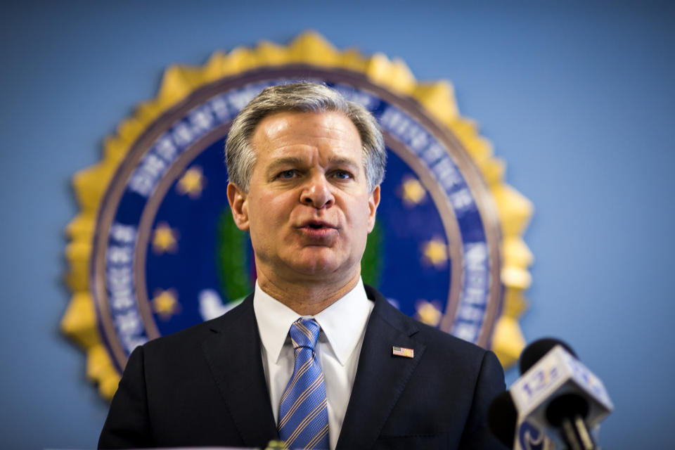 FBI Director Christopher Wray, speaks at the FBI Norfolk Field Office, Wednesday, Feb. 15, 2023, in Chesapeake, Va. (AP Photo/John C. Clark)