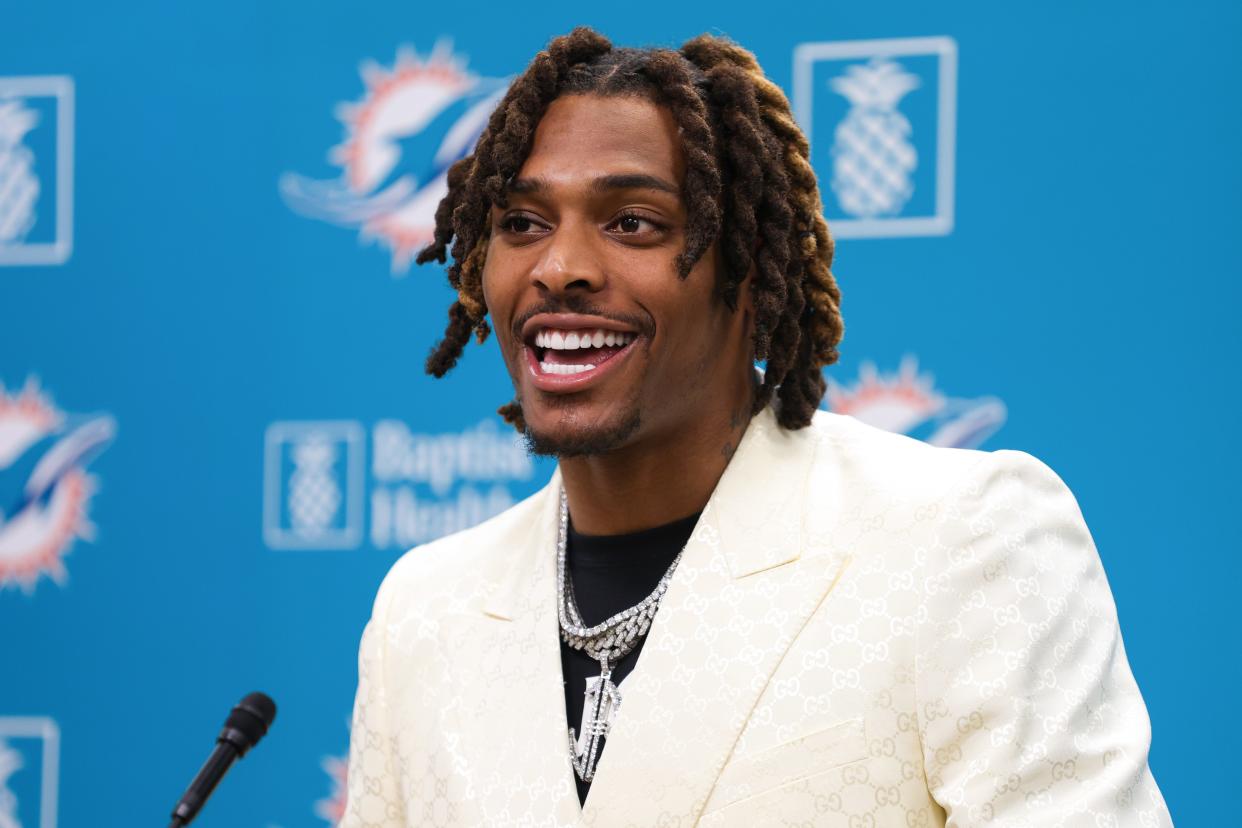 MIAMI GARDENS, FLORIDA - MARCH 16: Jalen Ramsey of the Miami Dolphins speaks to the media during a press conference where he was introduced at Baptist Health Training Complex on March 16, 2023 in Miami Gardens, Florida. (Photo by Megan Briggs/Getty Images)