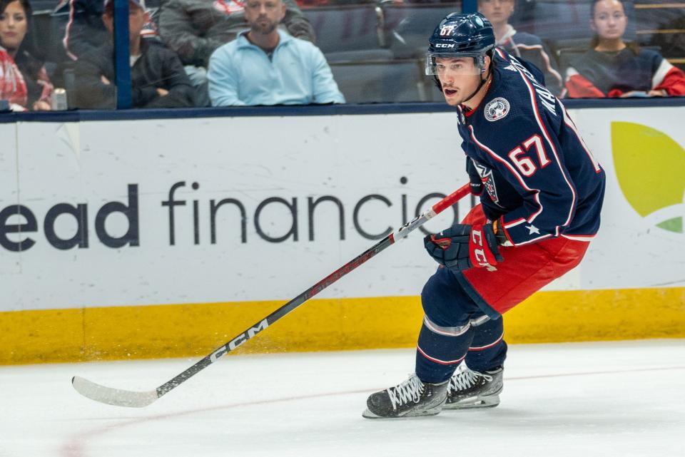 Oct. 5, 2023; Columbus, Ohio, United States;
Columbus Blue Jackets left wing James Malatesta (67) gets ready for the incoming Washington Capitals players during their game on Thursday, Oct. 5, 2023 at Nationwide Arena.