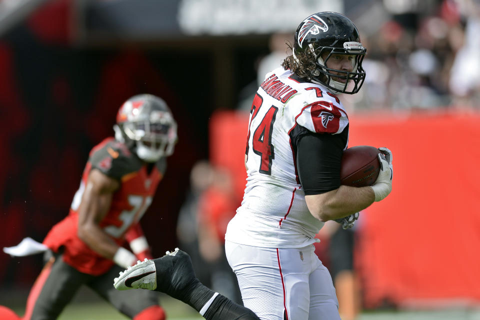 Atlanta Falcons offensive tackle Ty Sambrailo scored a 35-yard touchdown against Tamp Bay on Sunday. (AP/Jason Behnken)