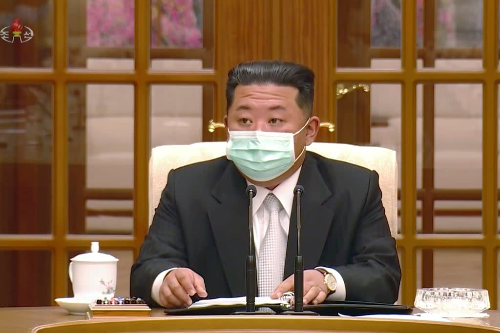 North Korean leader Kim Jong Un wears a face mask on state television (AP)