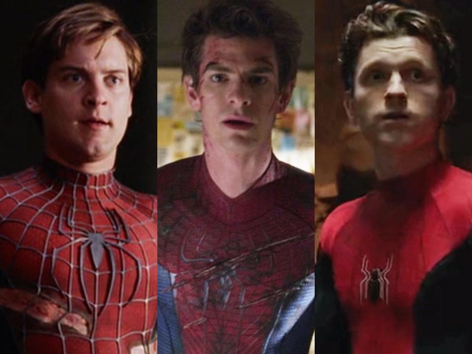 From left: Tobey Maguire in "Spider-Man 2," Andrew Garfield in "The Amazing Spider-Man," and Tom Holland in "Spider-Man: No Way Home."