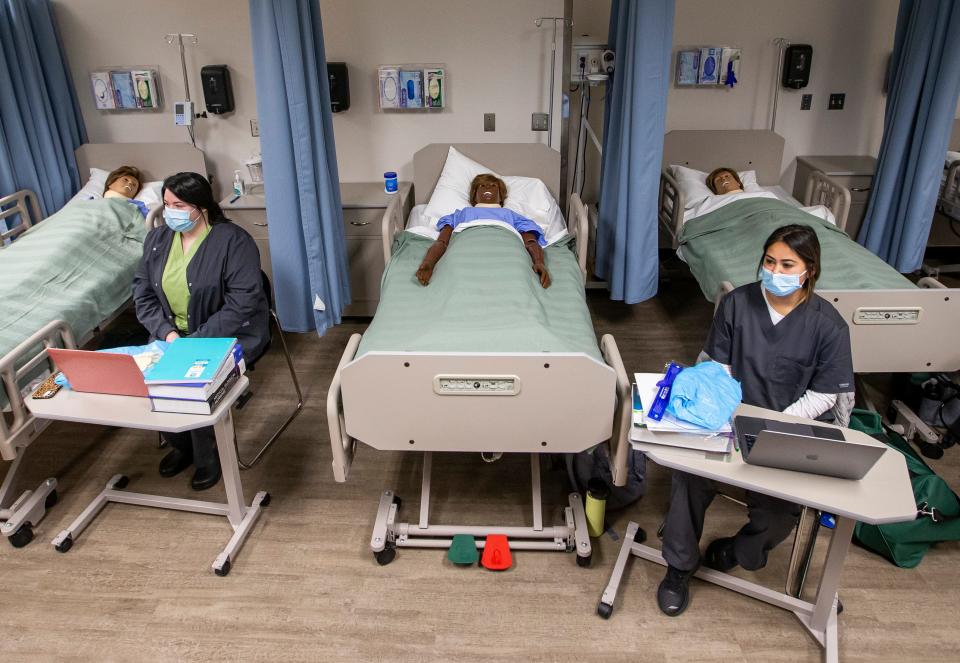 Ivy Tech nursing students look on during their first day of class on Wednesday, Jan. 19, 2022, at Ivy Tech Community College in South Bend