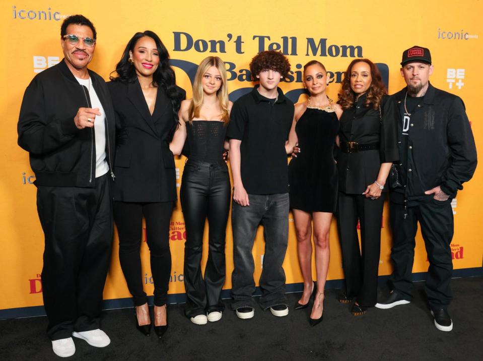 PHOTO: (L-R) Lionel Richie, Lisa Parigi, Harlow Madden, Sparrow Madden, Nicole Richie, Brenda Harvey-Richie, and Joel Madden attend the Los Angeles premiere of 'Don't Tell Mom the Babysitter's Dead' at The Grove on April 02, 2024 in Los Angeles. (Rodin Eckenroth/Getty Images)