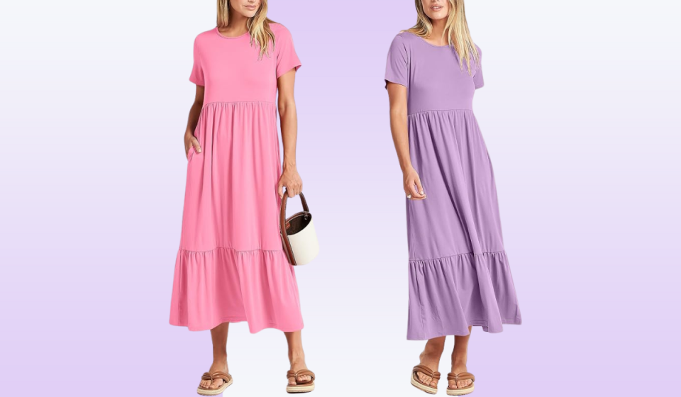 women wearing short sleeve tiered maxi dress in pastel pink and pastel purple colors