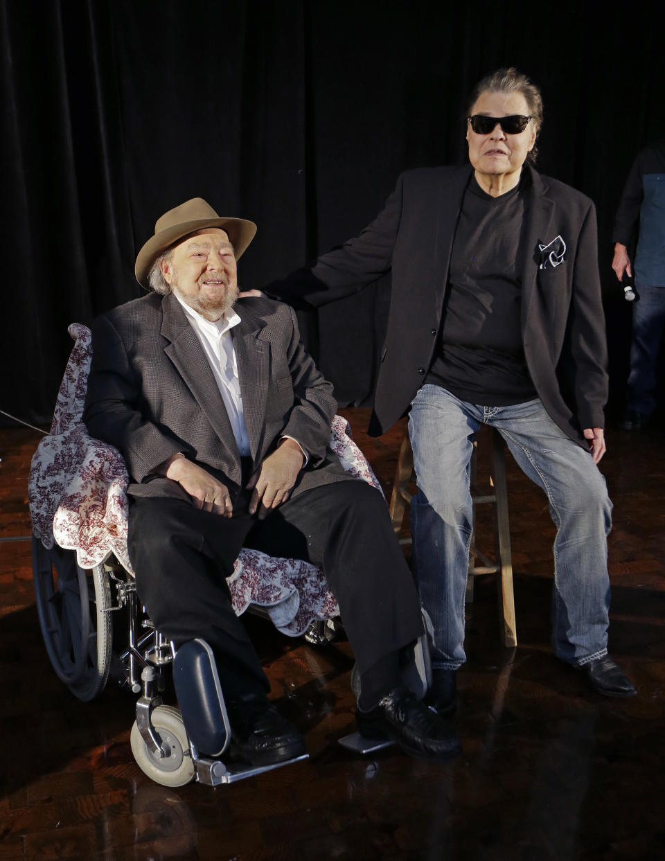 Mac Wiseman, left, and Ronnie Milsap pose after being introduced as two of three new inductees into the Country Music Hall of Fame Tuesday, April 22, 2014, in Nashville, Tenn. They were elected along with the late Hank Cochran. (AP Photo/Mark Humphrey)