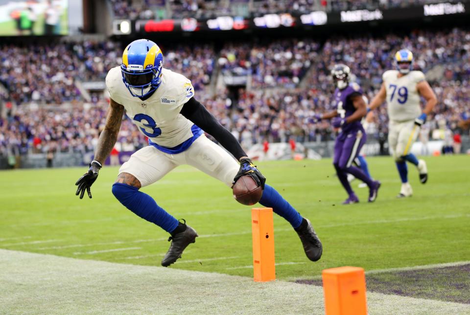 Odell Beckham Jr. #3 of the Los Angeles Rams gets a touchdown in the fourth quarter of the game against the Baltimore Ravens at M&T Bank Stadium on January 02, 2022 in Baltimore, Maryland.