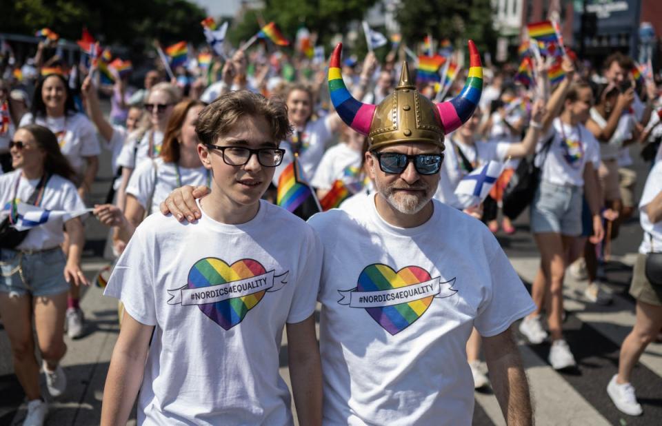 Members from the Scandinavian community march down the road during the Capital Pride Festival in Washington, DC, on June 10, 2023 (AFP via Getty Images)