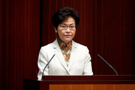 Hong Kong Chief Executive Carrie Lam delivers her policy speech at the Legislative Council in Hong Kong, China October 11, 2017. REUTERS/Bobby Yip