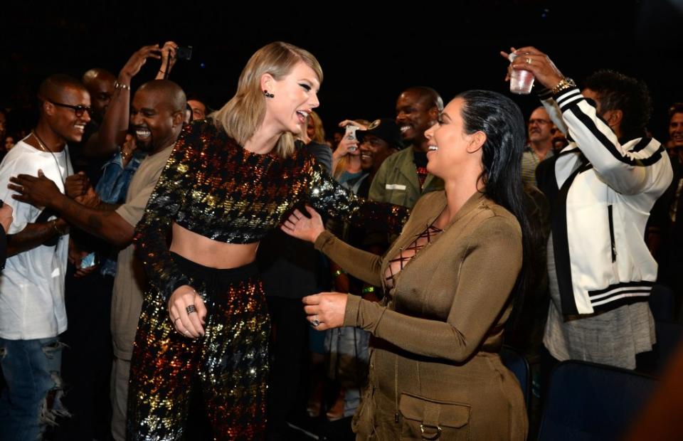 Taylor Swift and Kim Kardashian at the 2015 MTV Video Music Awards in LA. WireImage