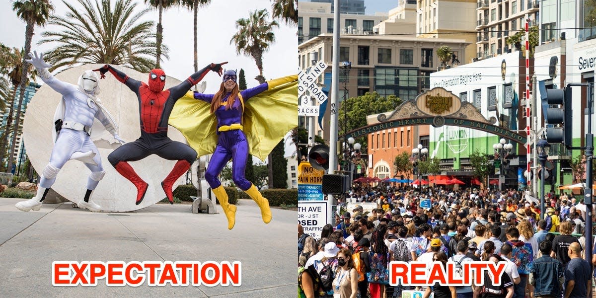 On the left: Cosplayers dressed as Moon Knight, Spider-Man, and Batgirl. On the right: Crowds outside San Diego Comic-Con 2022.