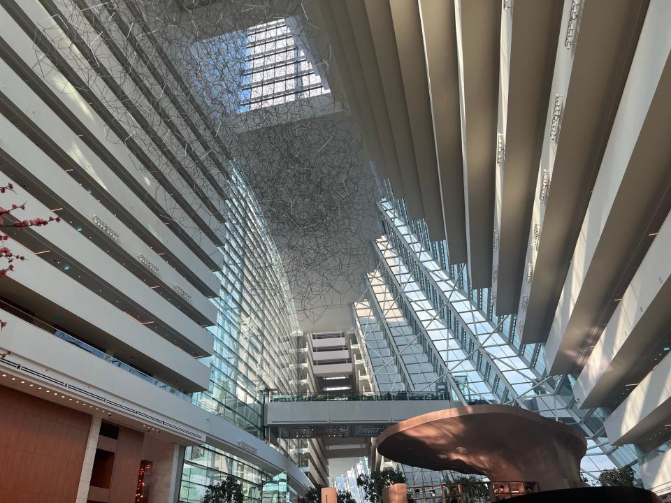 The sloping buildings viewed from inside.