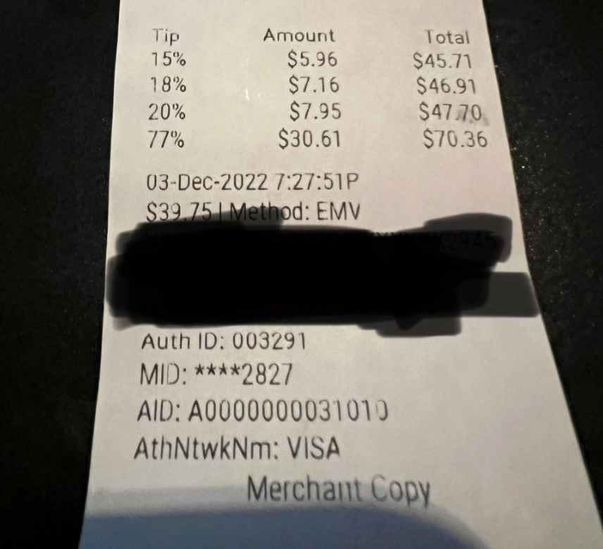 Receipt showing tip options for $39.75 total, dated Dec 3, 2022. Options: 15% tip ($5.96), 18% tip ($7.16), 20% tip ($7.95). Payment via Visa card