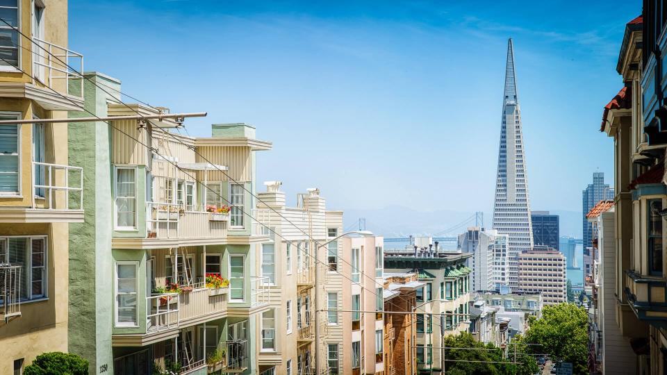 San Francisco, USA - May 10, 2016: San Francisco USA panoramic view of upper apartment buildings towards downtown on a sunny day.