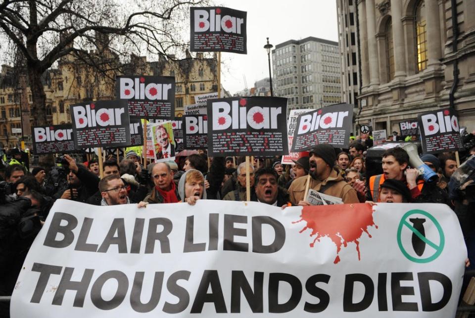 Demonstrators protest in London as Tony Blair was due to give evidence at the Iraq war inquiry (Stefan Rousseau/PA) (PA Archive)