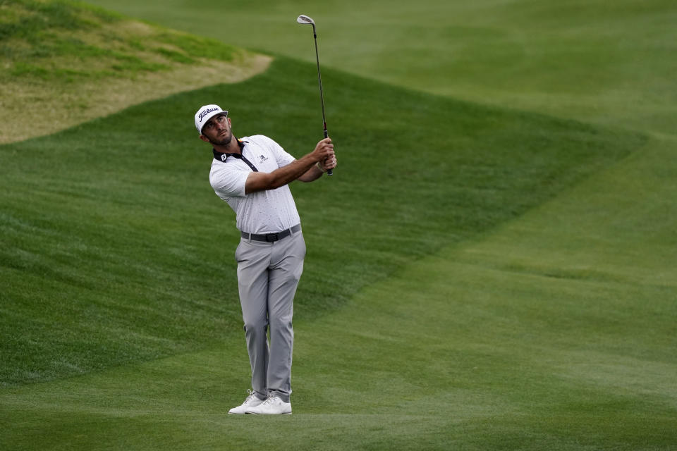 Max Homa hits to the 17th hole during the third round of The American Express golf tournament on the Pete Dye Stadium Course at PGA West, Saturday, Jan. 23, 2021, in La Quinta, Calif. (AP Photo/Marcio Jose Sanchez)