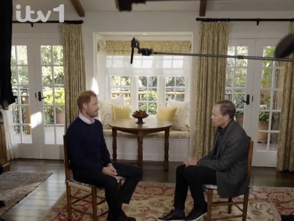 Prince Harry being interviewed by Tom Bradby at his home in Montecito, California.