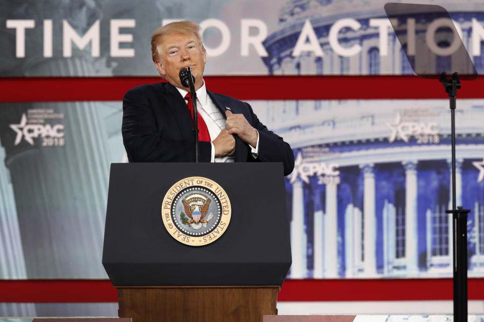 <p>President Donald Trump puts his notes back in his jacket pocket after reading a story about a snake, to the Conservative Political Action Conference (CPAC), at National Harbor, Md., Friday, Feb. 23, 2018. (Photo: Jacquelyn Martin/AP) </p>