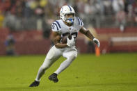 Indianapolis Colts running back Jonathan Taylor (28) runs against the San Francisco 49ers during the second half of an NFL football game in Santa Clara, Calif., Sunday, Oct. 24, 2021. (AP Photo/Tony Avelar)