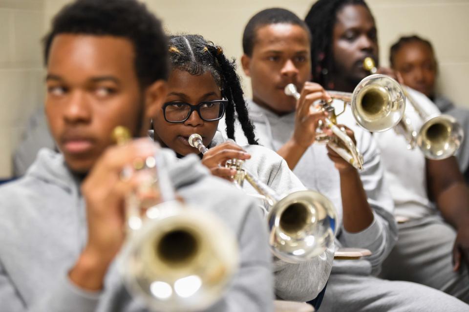 Trumpet players practice inside a classroom at the TSU Performing Arts Center in Nashville, Tenn., Tuesday, Oct. 4, 2022. 