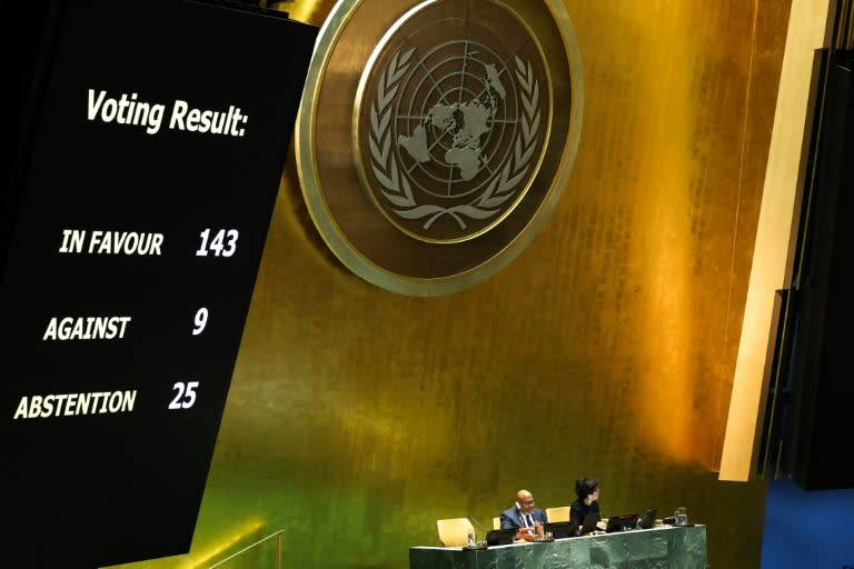 Vote results are seen for a UN resolution giving the Palestinians 'additional rights and privileges' (Charly TRIBALLEAU)