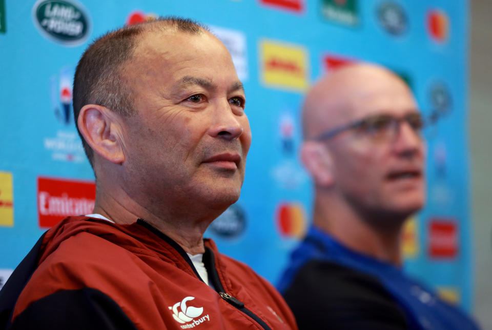 TOKYO, JAPAN - OCTOBER 22:  Eddie Jones, (L) the England head coach, faces the media with the defence coach John Mitchell during the England media session on October 22, 2019 in Tokyo, Japan. (Photo by David Rogers/Getty Images)
