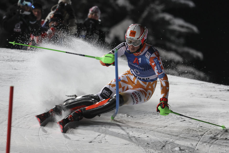 Slovakia's Petra Vlhova competes during an alpine ski, women's World Cup slalom in Flachau, Austria, Tuesday, Jan.16, 2024. (AP Photo/Marco Trovati)