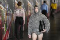 A model wears a creation as part of the men's MSGM Fall-Winter 2024-2025 collection, that was presented in Milan, Italy, Saturday, Jan. 13, 2024. (AP Photo/Antonio Calanni).