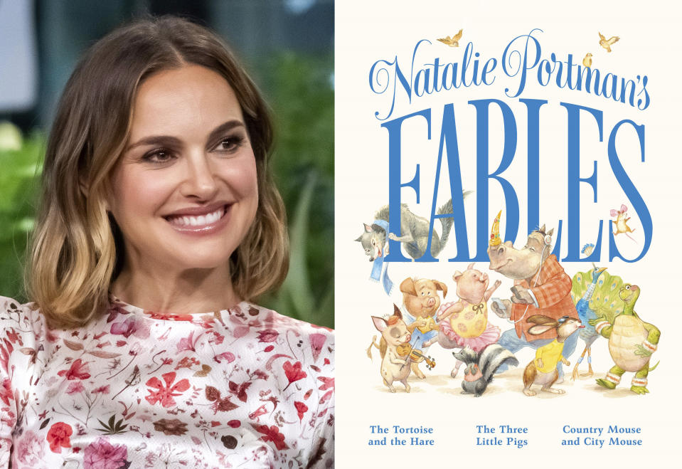 Natalie Portman participates in the BUILD Speaker Series to discuss the film "Lucy in the Sky" in New York on Oct. 2, 2019, left, and the cover of "Natalie Portman's Fables," a book of popular children's fables with a friendlier, more gender inclusive twist. (AP Photo, left, Feiwel & Friends via AP)