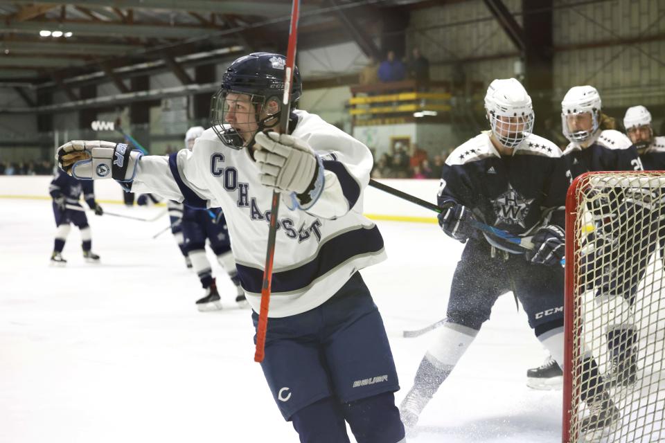 Cohasset-Hull's Robbie Casagrande scores a first period goal during a game versus Hamilton-Wenham at the Connell Rink and Pool in Weymouth on Saturday, March 05, 2022.  