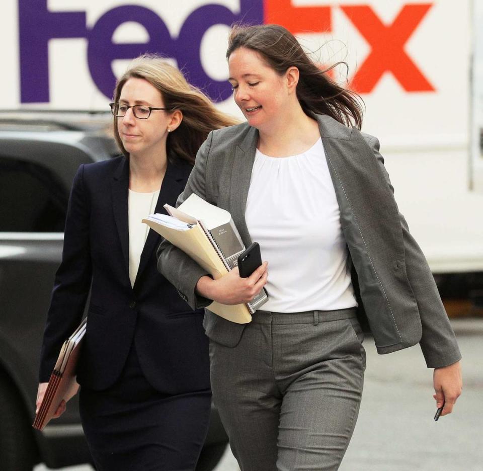 Assistant U.S. Attorney for the Southern District of New York Maurene Comey, right, and Assistant U.S. Attorney Alison Moe enter the courthouse ahead of a bail hearing in Jeffrey Epstein’s sex trafficking case in New York City on July 15, 2019. Because of his death in the lockup, Epstein’s trial never occurred. They are now working on the prosecution of Ghislaine Maxwell.