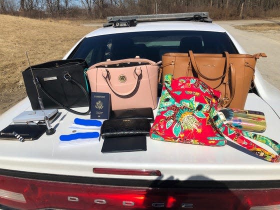 Stolen items seized from a car involved in a 2019 police chase in Indiana.  The women in the car were allegedly Felony Lane Gang members who had taunted police on Instagram.