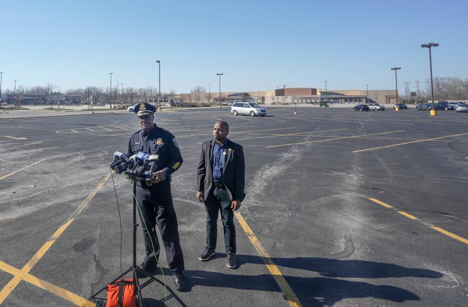 Milwaukee Police Chief Jeffrey Norman and Mayor Cavalier Johnson hold a press conference discussing what occurred Monday evening seen Wednesday, April 12, 2023, located at North 103rd Street and West Silver Spring Drive in Milwaukee. Approximately 200 vehicles congregated, where 37 traffic stops took place, police issued 15 traffic citations, made four arrests, recovered one firearm and towed four vehicles according to Chief Norman.