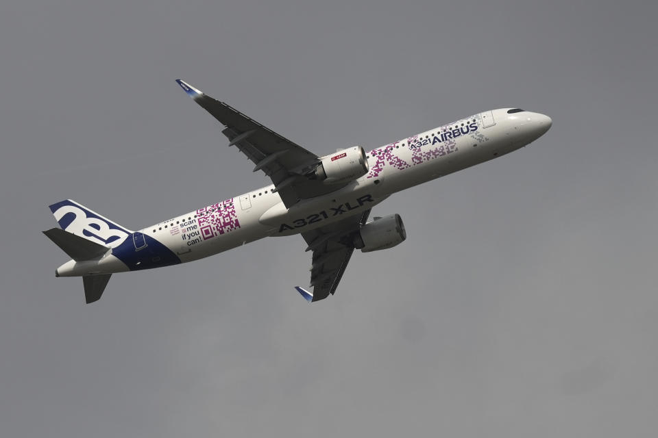 The long range Airbus A321 XLR flies during the Paris Air Show in Le Bourget, north of Paris, France, Monday, June 19, 2023. (AP Photo/Lewis Joly)