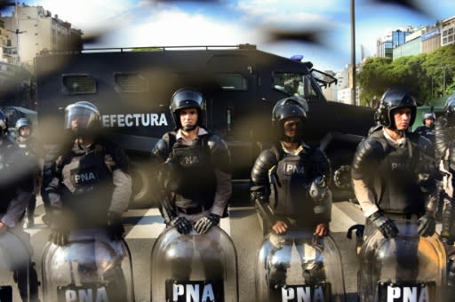 Riot police stood guard during a protest against the G20 summit, after Argentina's Security Minister Patricia Bullrich vowed there would be no repeat of violence that marred last year's G20 meeting in Germany