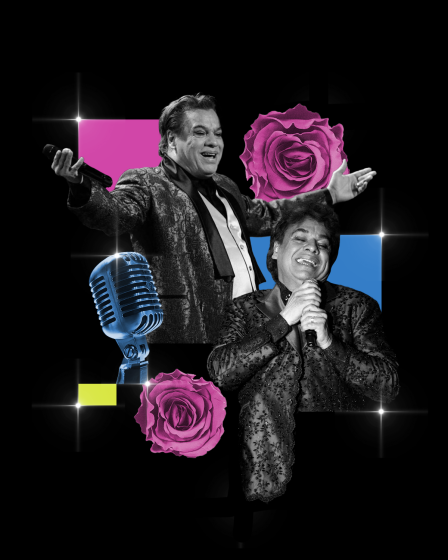 Collage of Juan Gabriel plus flowers and a microphone