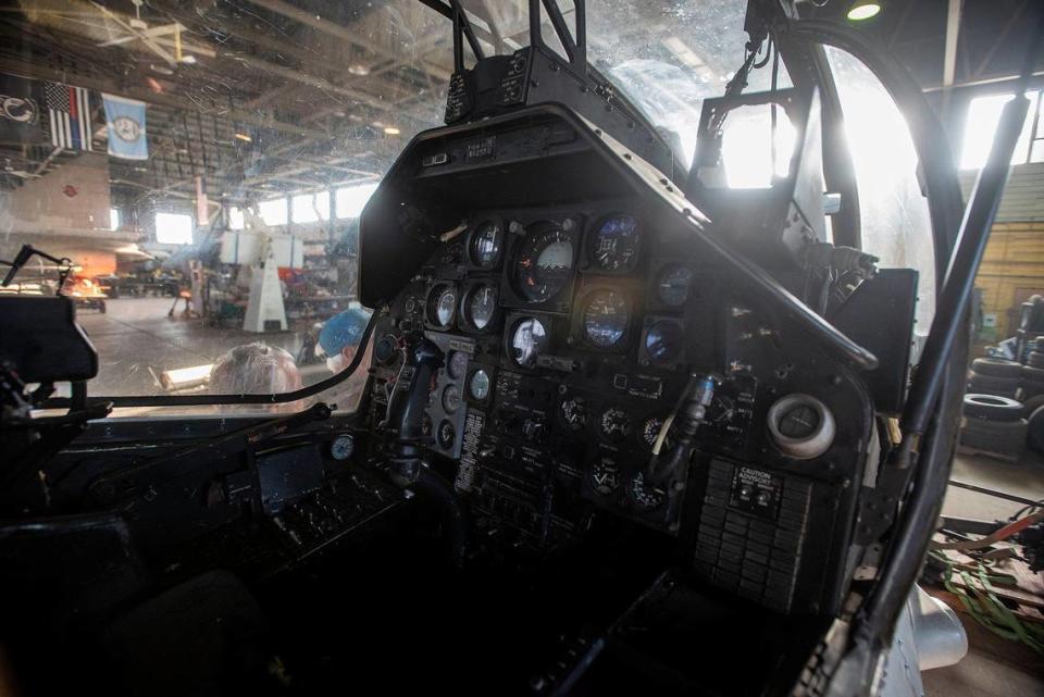 The cockpit of a Bell AH-1W Cobra attack helicopter inside Castle Air Museum’s restoration hanger in Atwater, Calif., on Wednesday, Jan. 12, 2022. According to Castle Air Museum Chief Executive Director Joe Pruzzo, both the Bell AH-1W Cobra attack helicopter and a SH-60B Seahawk helicopter were acquired from Hawaii in 2021. When ready, the aircraft will be displayed on the Castle Air Museum grounds along with dozens of other vintage aircraft.