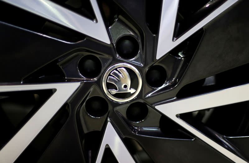 A logo is seen on a wheel of a Skoda car during the Prague Autoshow in Prague