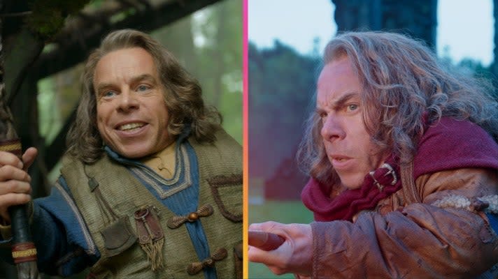 Two photos of Warwick Davis as Willow in the Disney+ series.