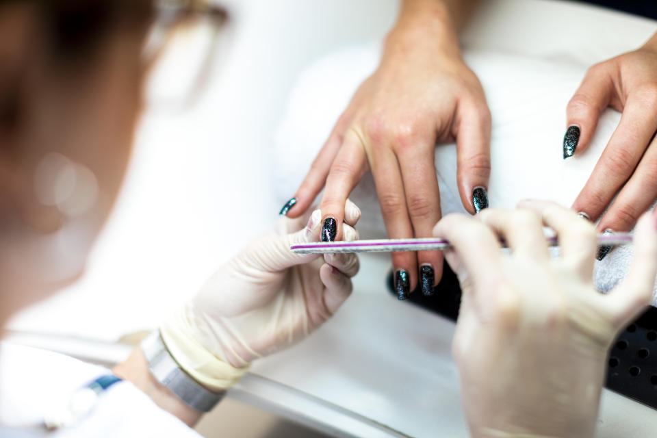 Nail file used to condition nails and remove cuticles during manicure procedures.